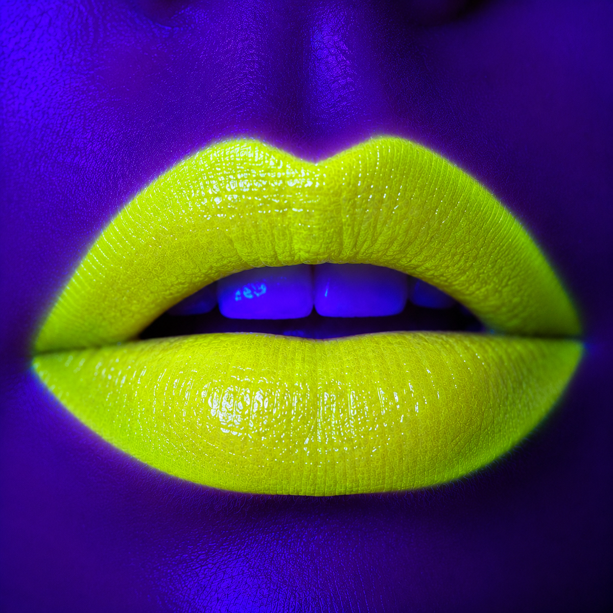 Labial artístico cremoso Mirely Makeup tono Amarillo Neón aplicado en los labios