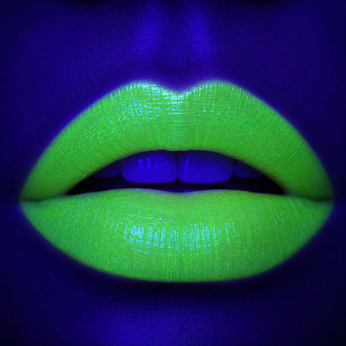 Labial artístico cremoso Mirely Makeup tono Verde Neón aplicado en los labios
